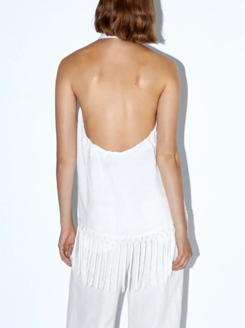 Zara 100% Linen White Halter Fringe Summer Top - Picture 3 of 11